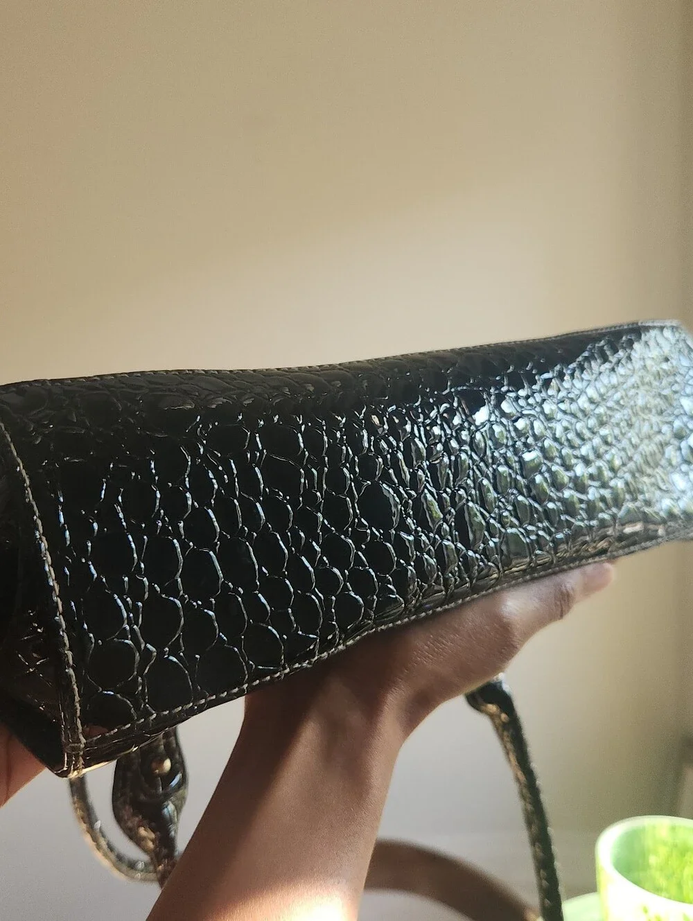 Vintage Black Croc Embossed Vinyl Satchel Handbag Silver Hardware Top Handle Pur